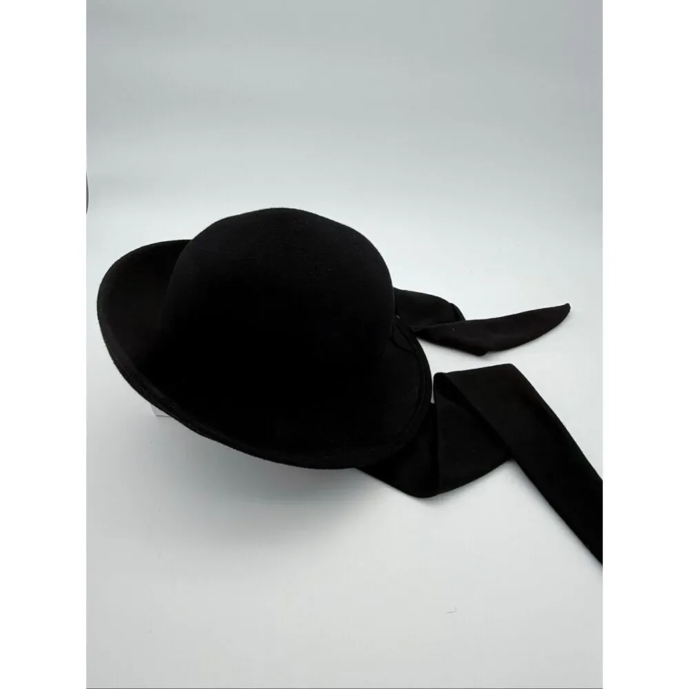Vintage Black Wool Cloche Hat w/ Back Ribbon Ties | 1990s Y2K Women’s Felt Hat - Picture 4 of 11